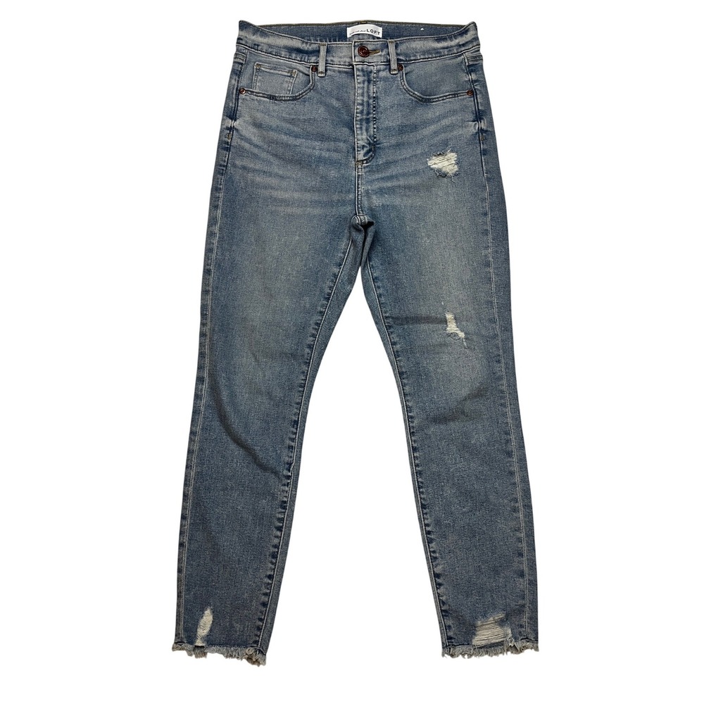 Loft Jeans Womens 29 Petite Blue Skinny Distressed High Rise Raw Hem Denim